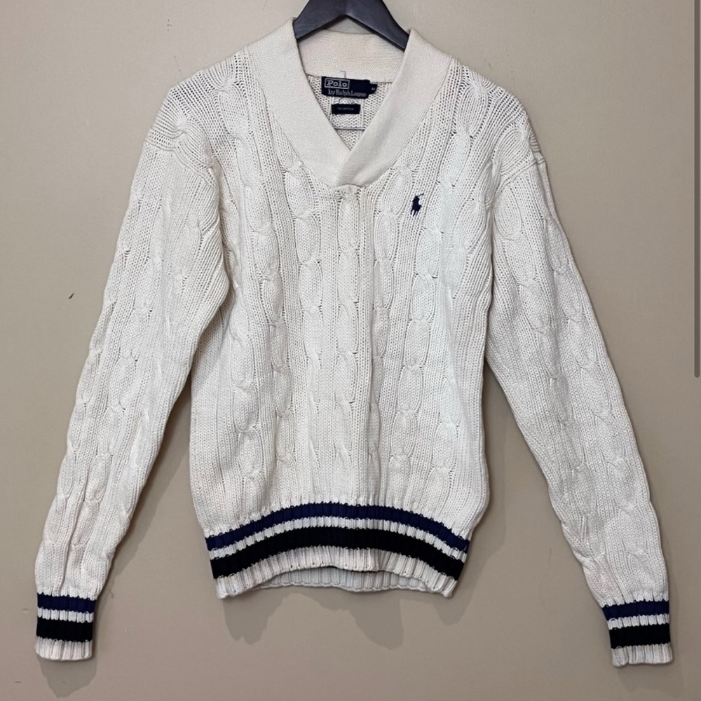 Polo Ralph Lauren Cable Knit V Neck Cotton Sweater - Women's Size M - Cream